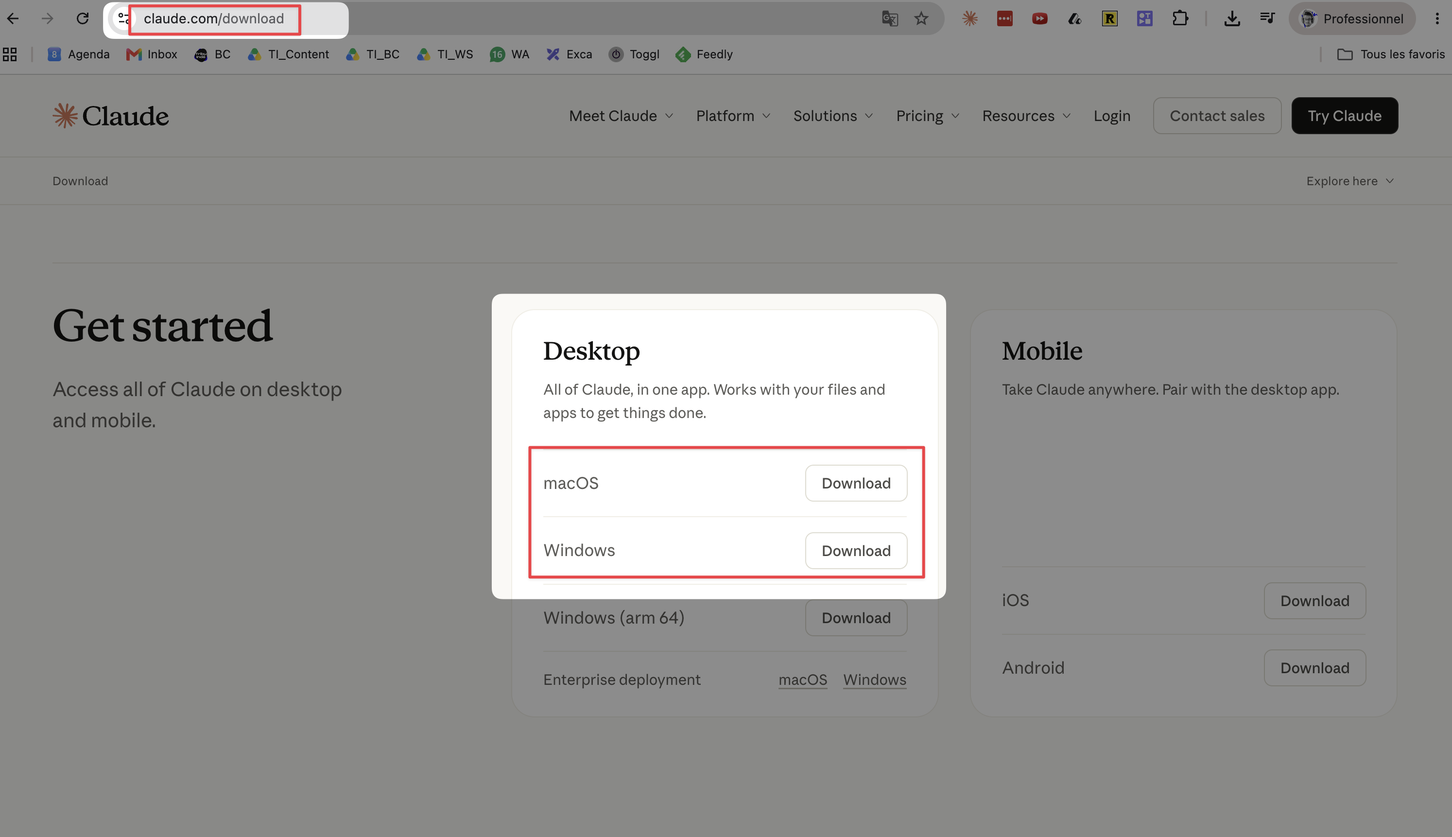 Page claude.com/download avec les boutons macOS et Windows