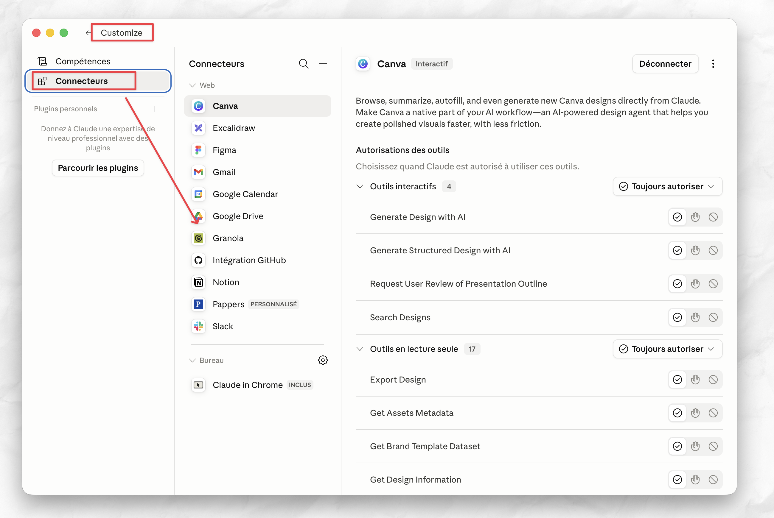 Panneau Customize > Connecteurs de Claude Desktop avec la liste des outils